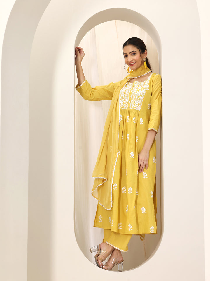 Yellow Embroidered Cotton A-Line Suit Set With Dupatta