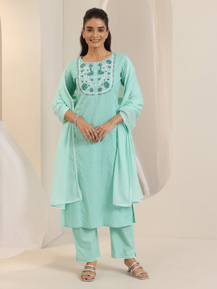 Green Woven Design Cotton Straight Suit Set With Dupatta