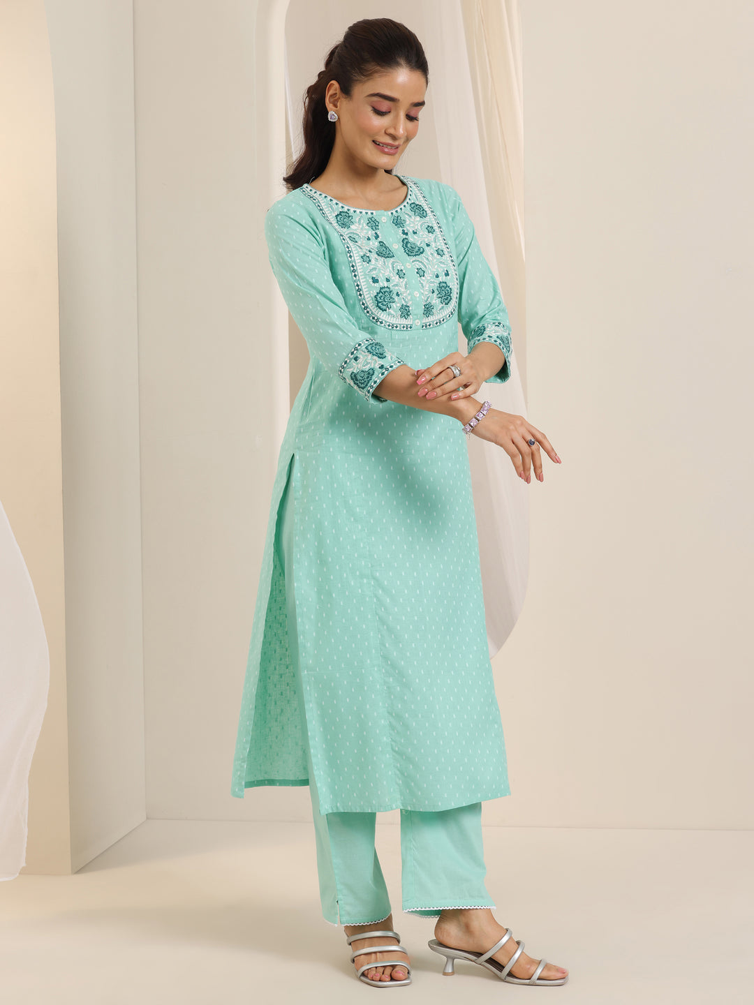Green Woven Design Cotton Straight Suit Set With Dupatta