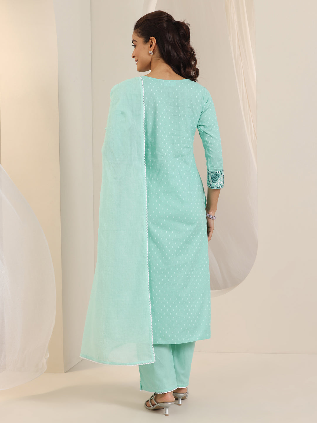 Green Woven Design Cotton Straight Suit Set With Dupatta