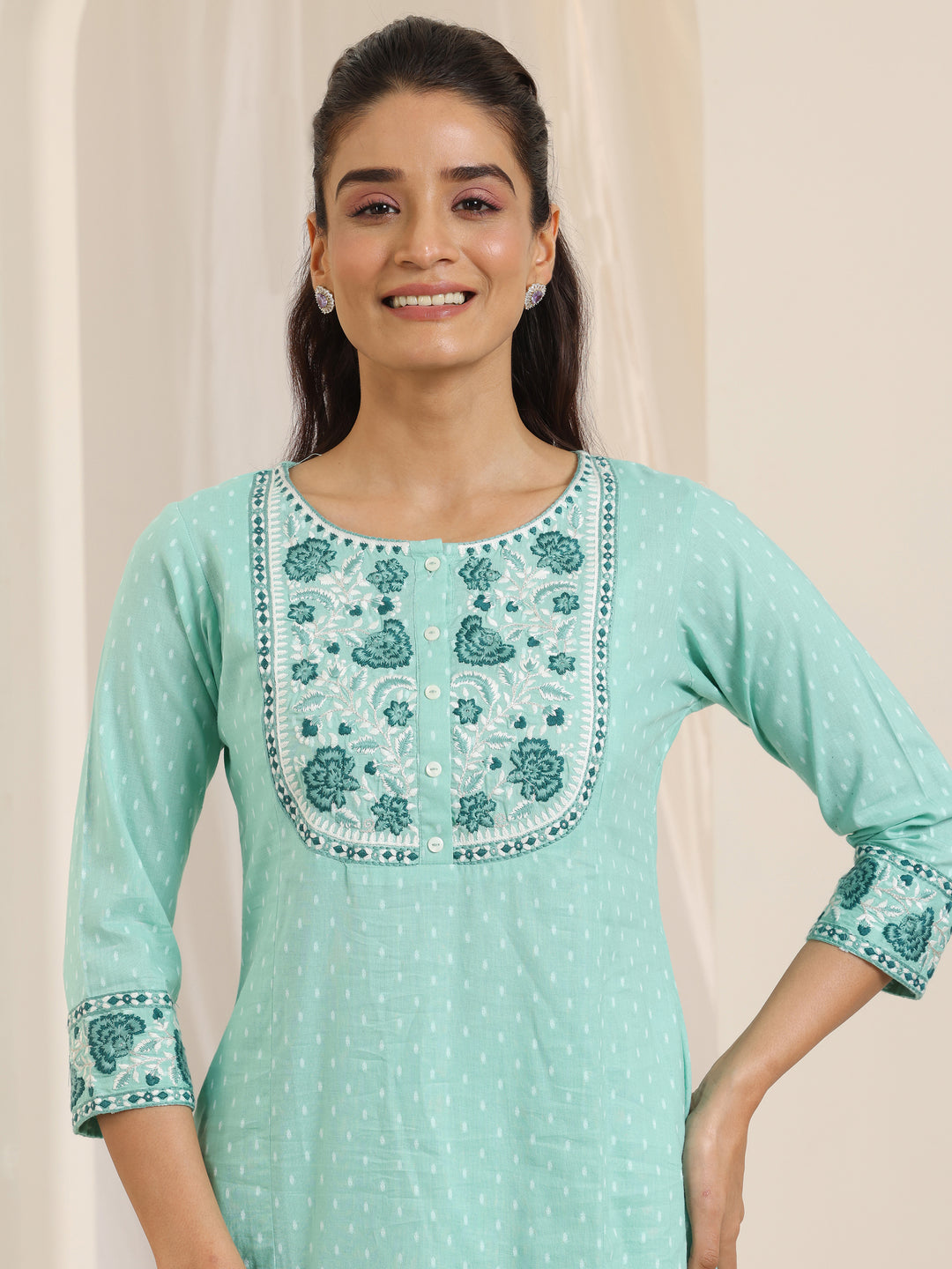 Green Woven Design Cotton Straight Suit Set With Dupatta