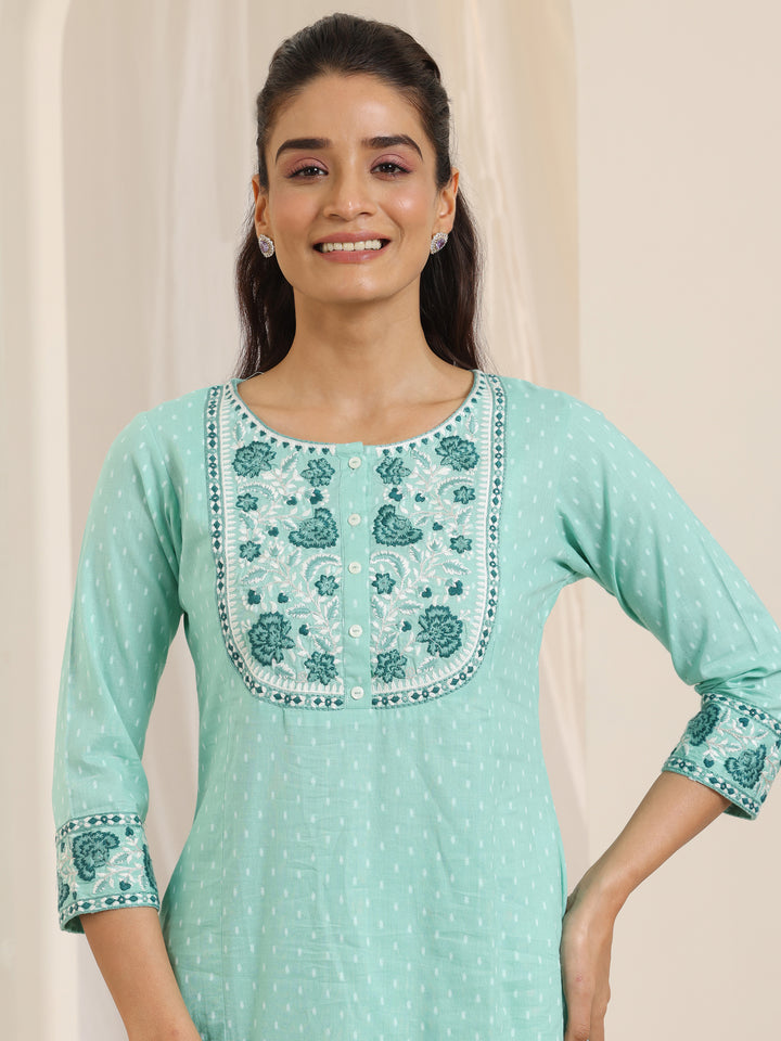 Green Woven Design Cotton Straight Suit Set With Dupatta