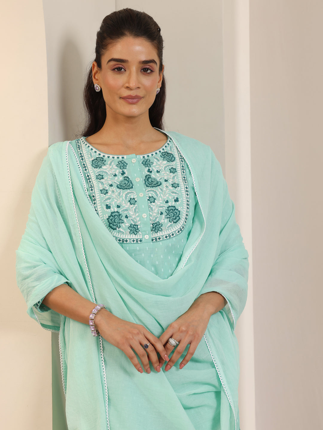 Green Woven Design Cotton Straight Suit Set With Dupatta