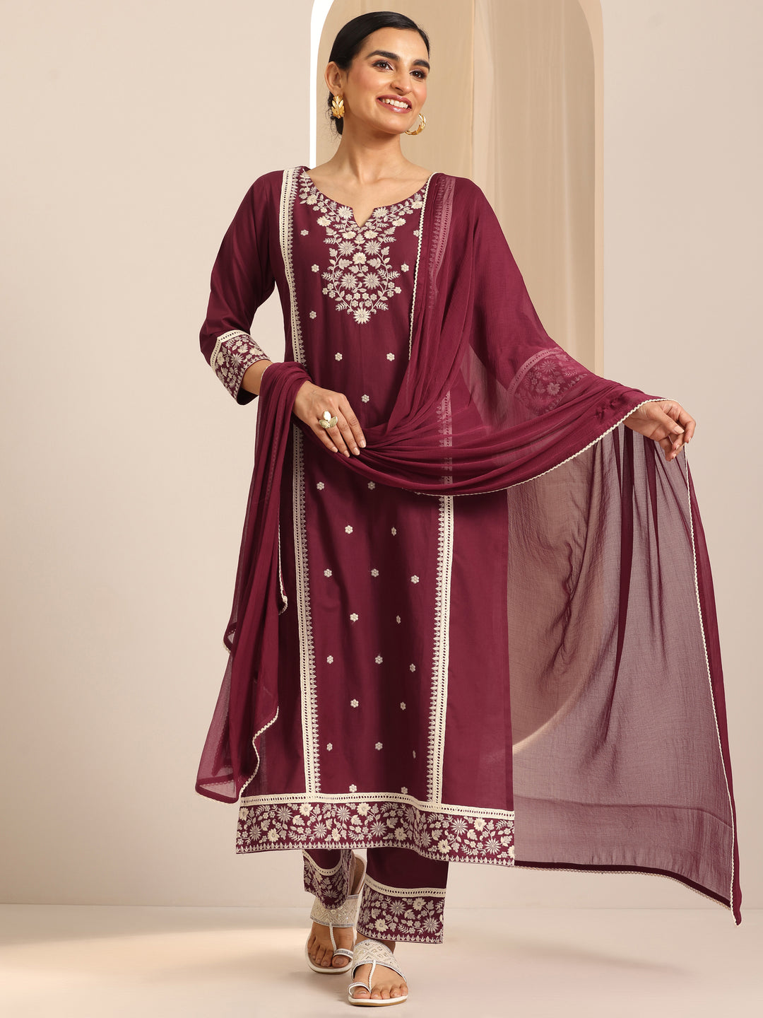 Maroon Embroidered Cotton Straight Suit Set With Dupatta