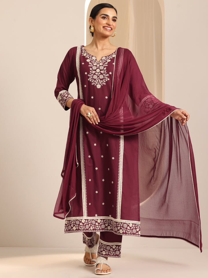 Maroon Embroidered Cotton Straight Suit Set With Dupatta