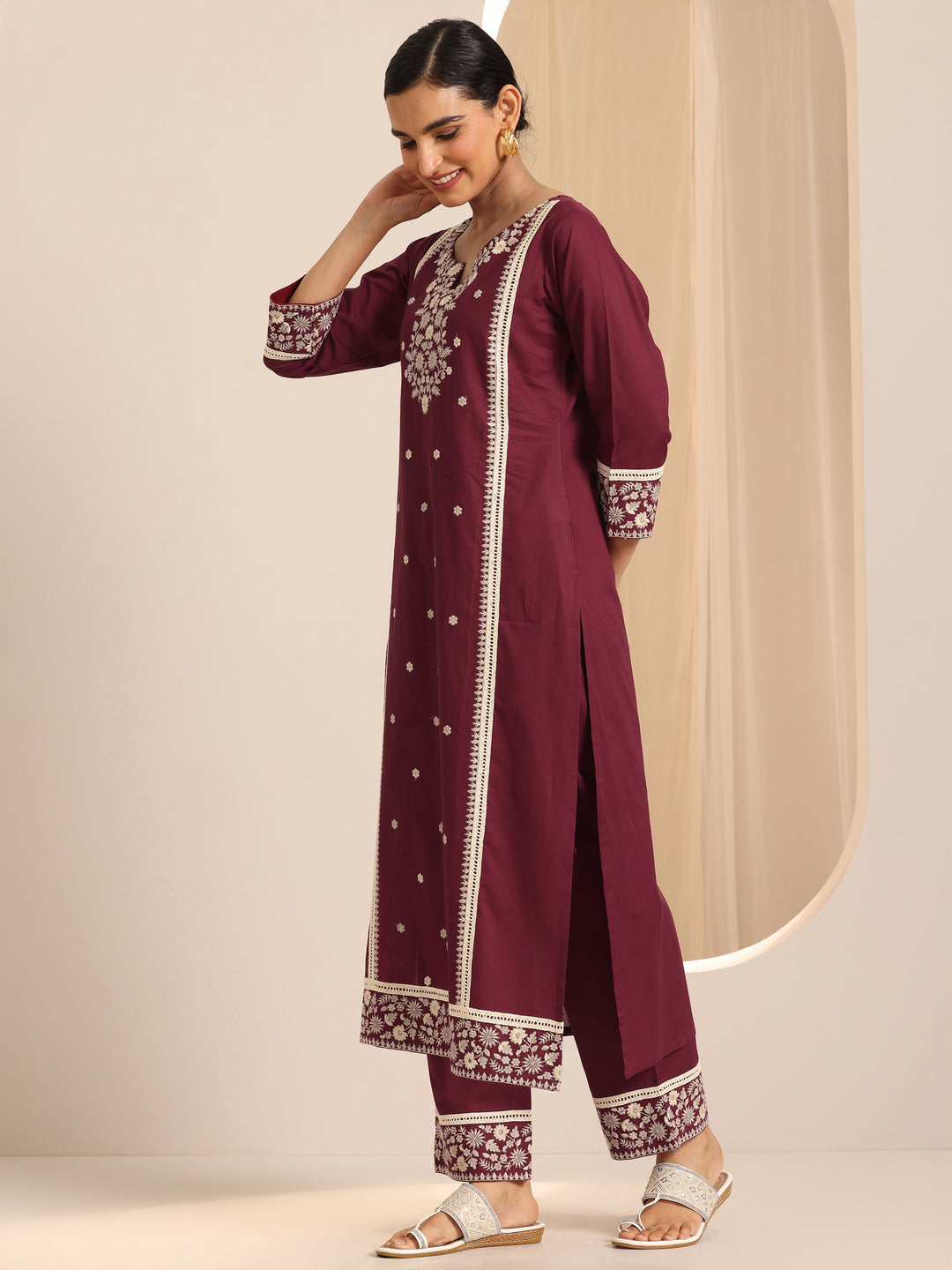 Maroon Embroidered Cotton Straight Suit Set With Dupatta