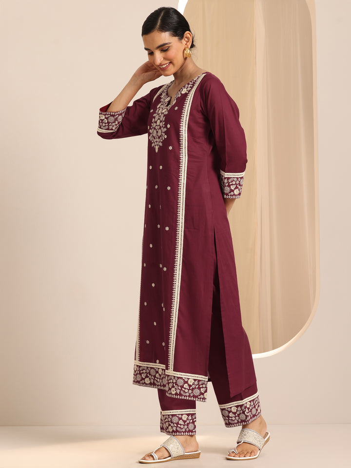 Maroon Embroidered Cotton Straight Suit Set With Dupatta