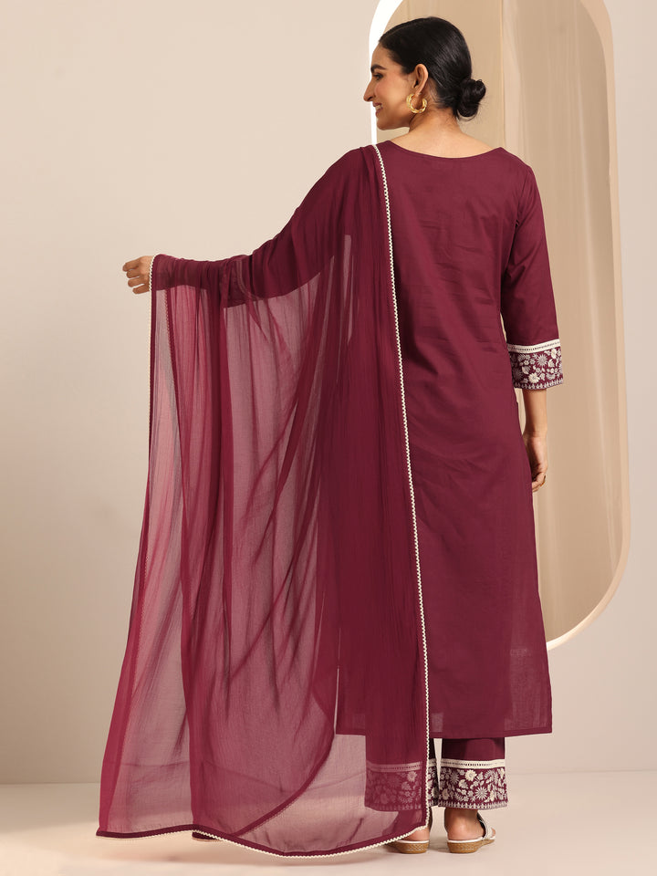 Maroon Embroidered Cotton Straight Suit Set With Dupatta