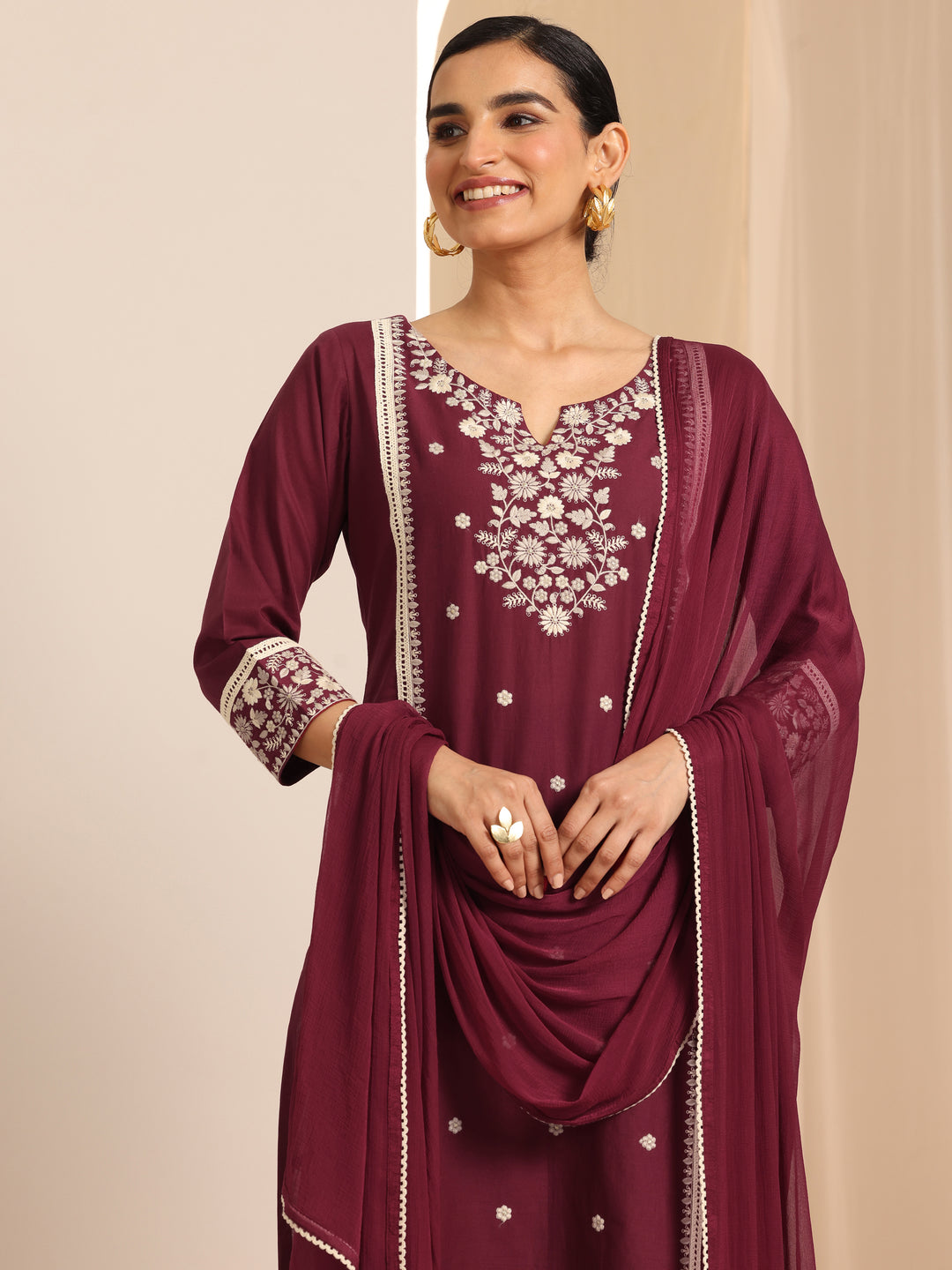 Maroon Embroidered Cotton Straight Suit Set With Dupatta