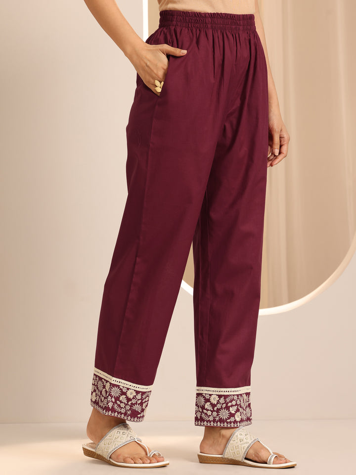 Maroon Embroidered Cotton Straight Suit Set With Dupatta