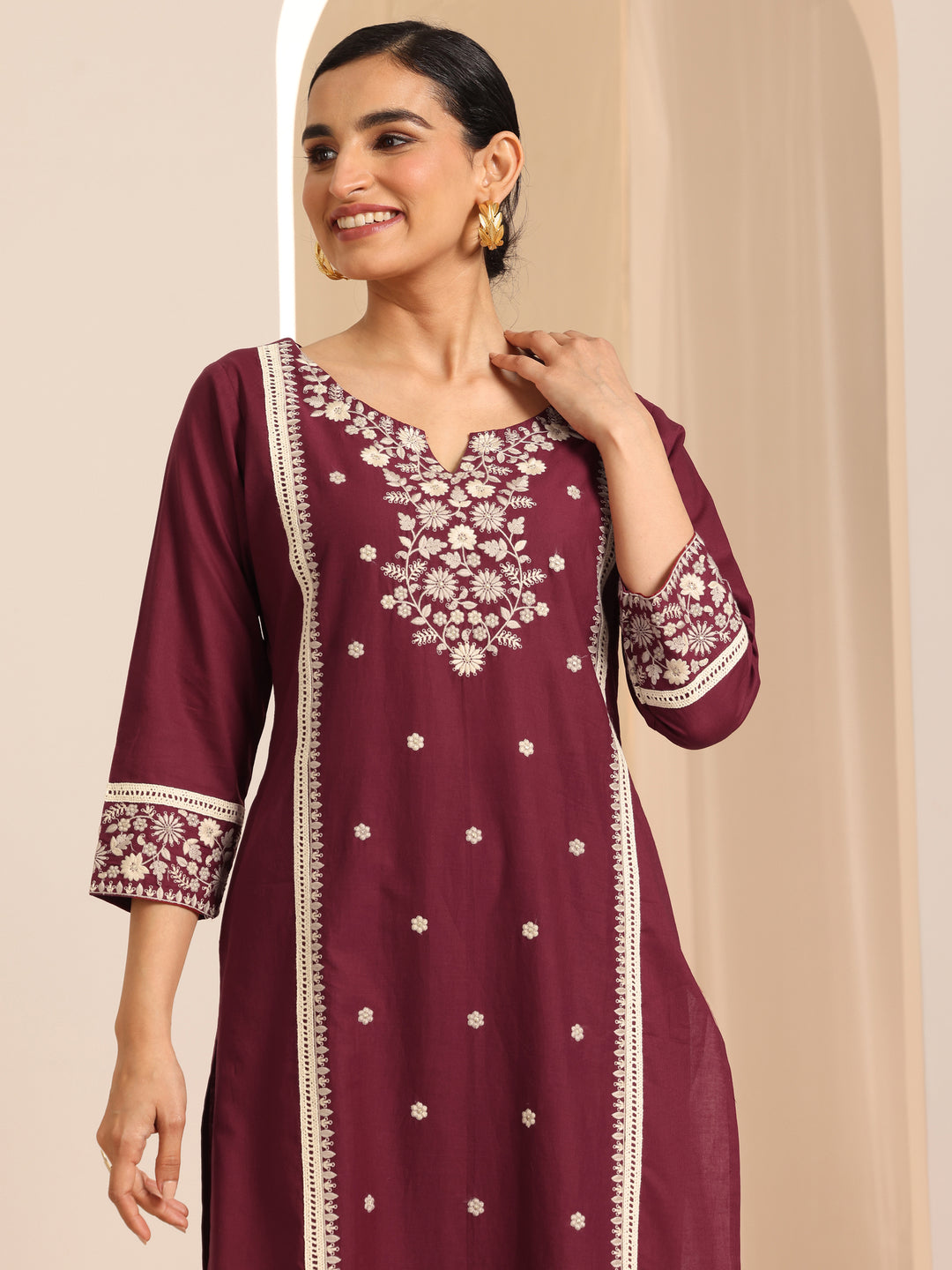 Maroon Embroidered Cotton Straight Suit Set With Dupatta