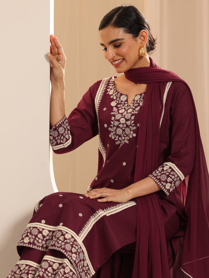 Maroon Embroidered Cotton Straight Suit Set With Dupatta
