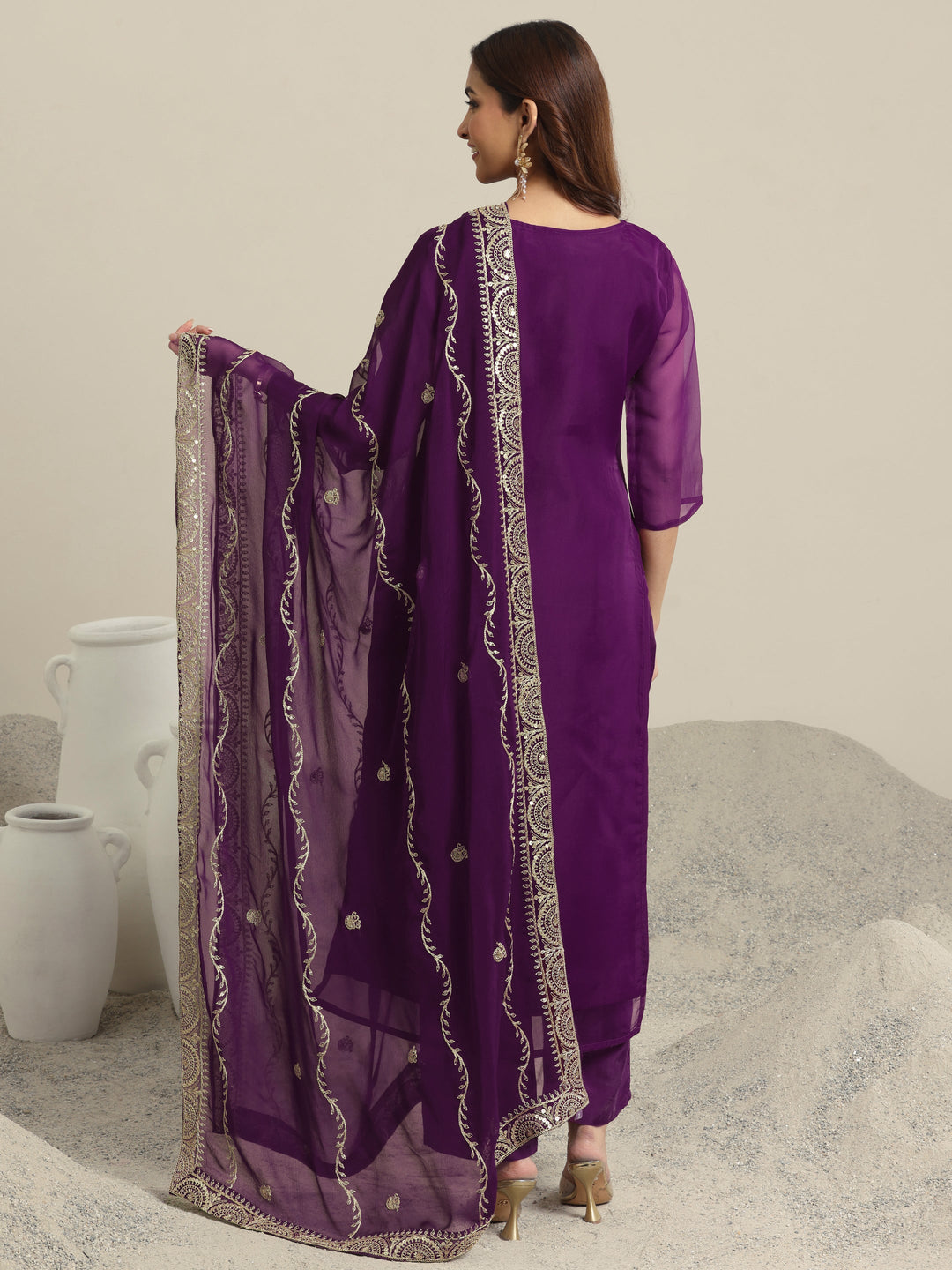 Burgundy Yoke Design Organza Straight Suit Set With Dupatta