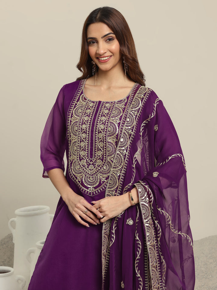 Burgundy Yoke Design Organza Straight Suit Set With Dupatta