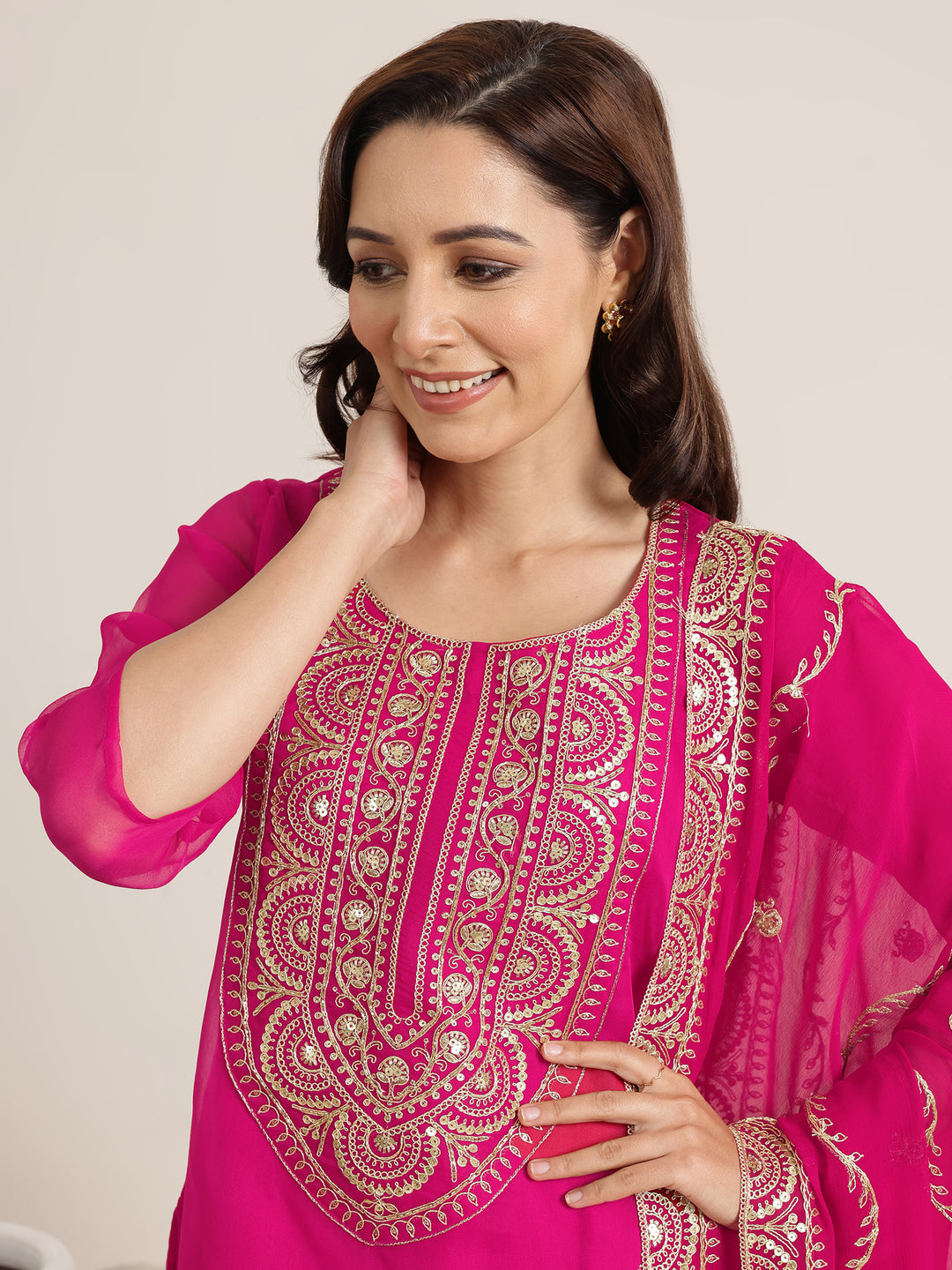 Pink Yoke Design Organza Straight Suit Set With Dupatta