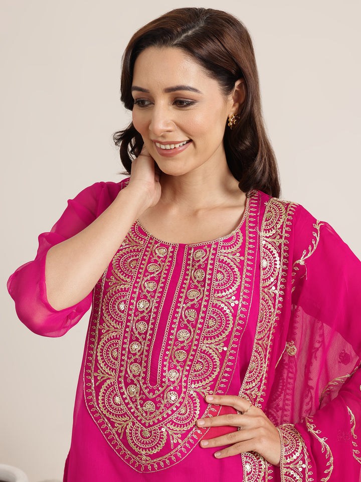 Pink Yoke Design Organza Straight Suit Set With Dupatta