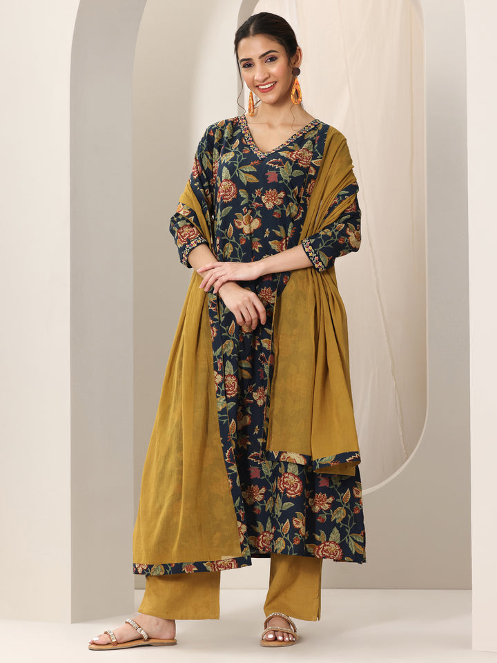 Blue Printed Cotton A-Line Suit Set With Dupatta