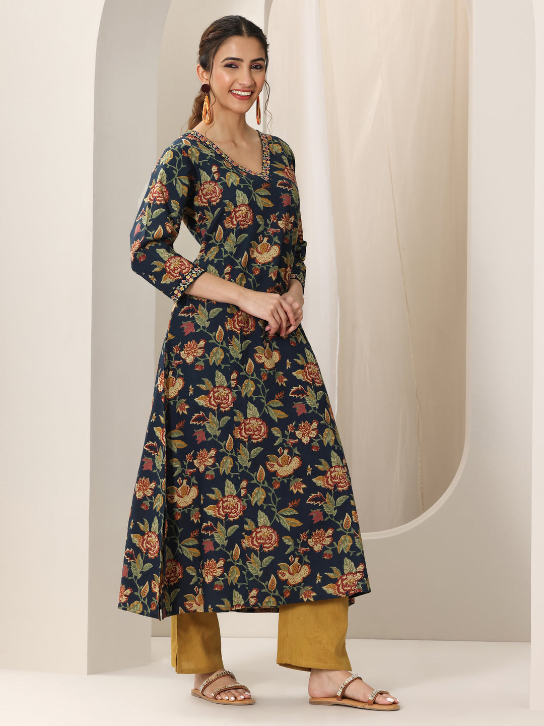 Blue Printed Cotton A-Line Suit Set With Dupatta