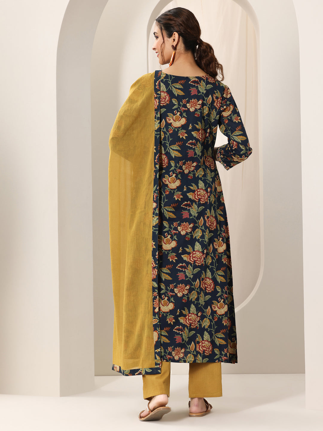 Blue Printed Cotton A-Line Suit Set With Dupatta