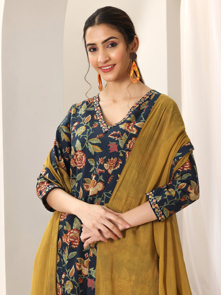 Blue Printed Cotton A-Line Suit Set With Dupatta