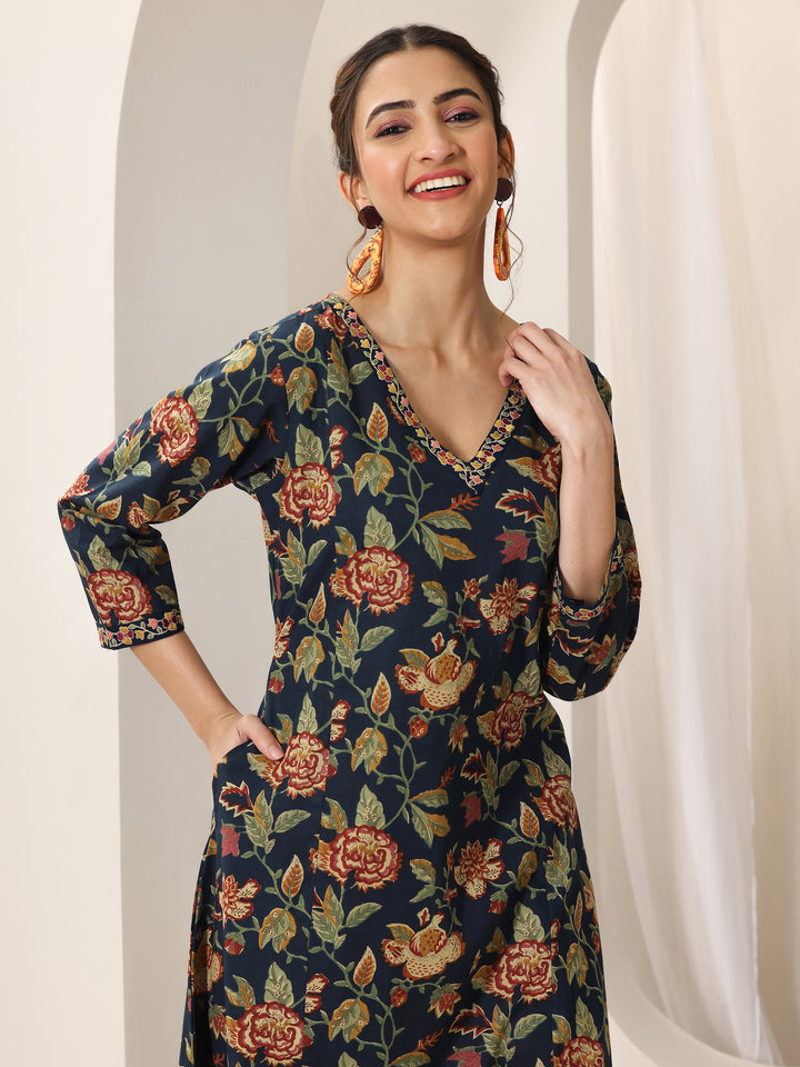 Blue Printed Cotton A-Line Suit Set With Dupatta