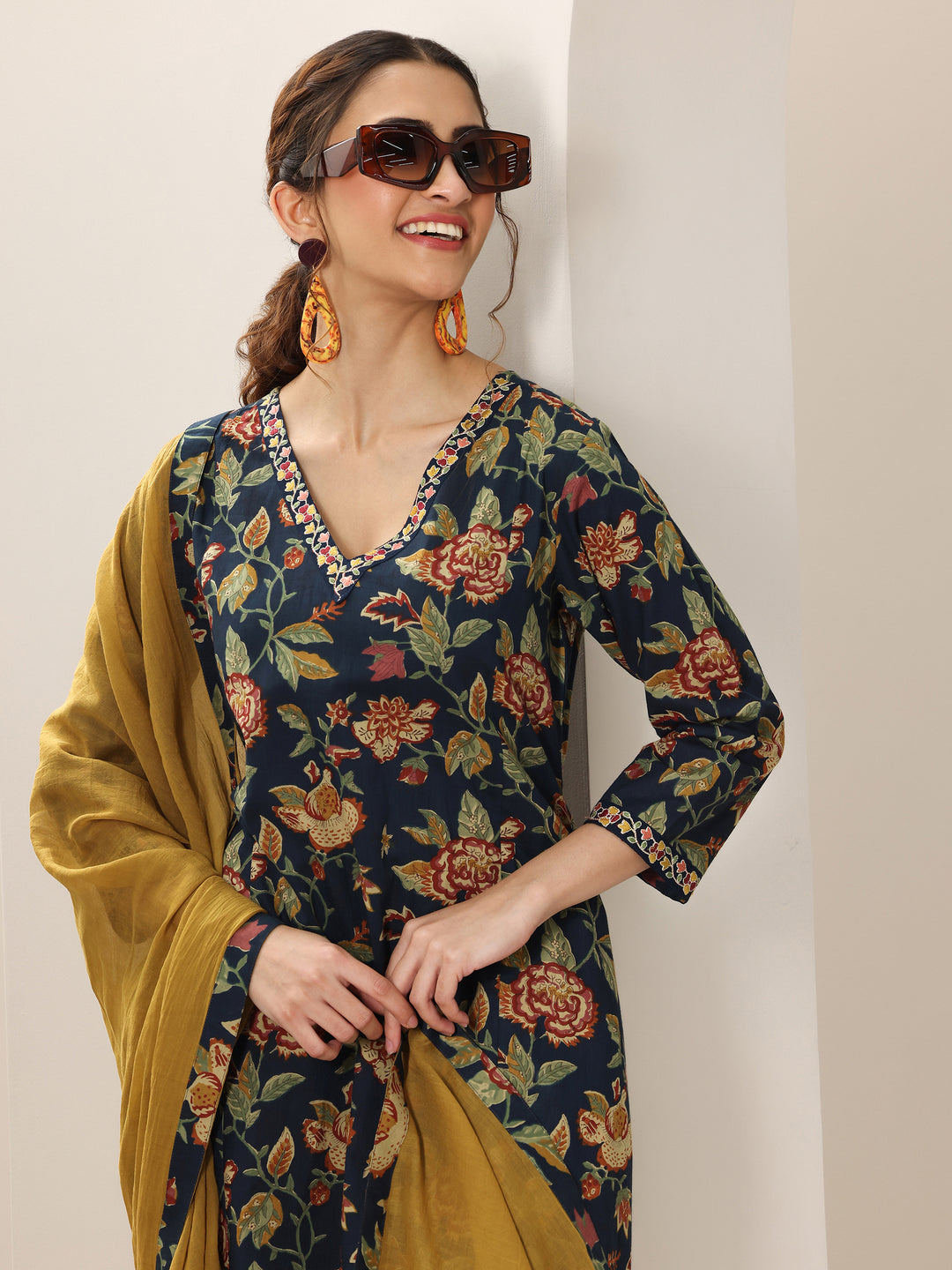 Blue Printed Cotton A-Line Suit Set With Dupatta