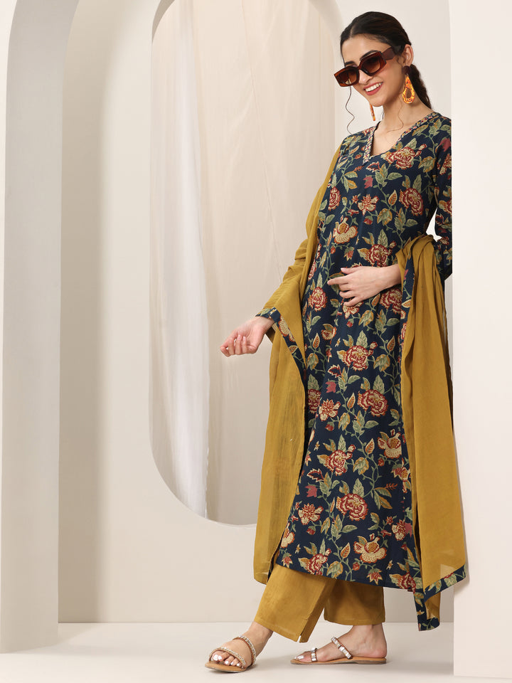 Blue Printed Cotton A-Line Suit Set With Dupatta