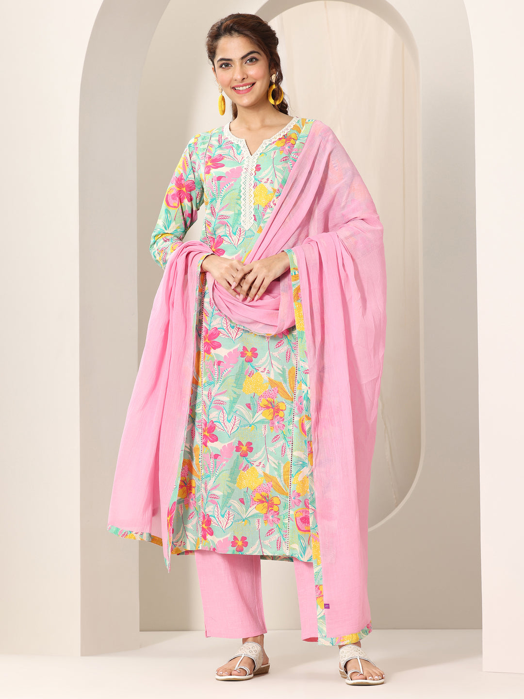 Turquoise Blue Printed Cotton Straight Suit Set With Dupatta