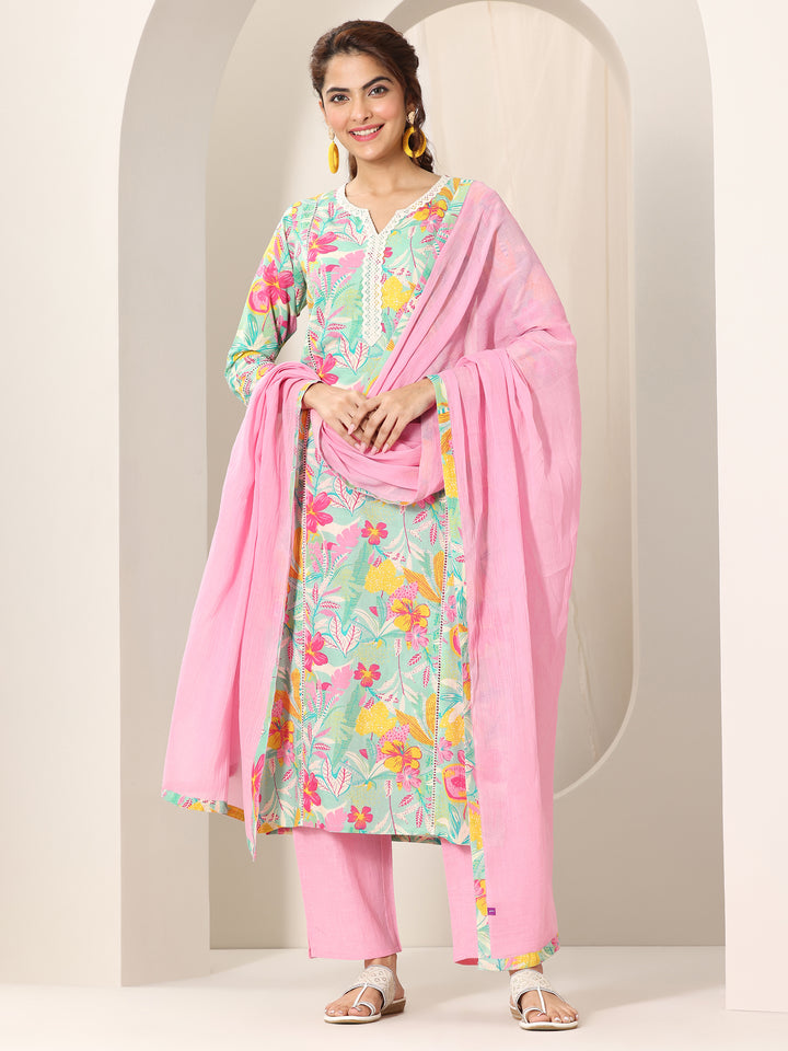 Turquoise Blue Printed Cotton Straight Suit Set With Dupatta