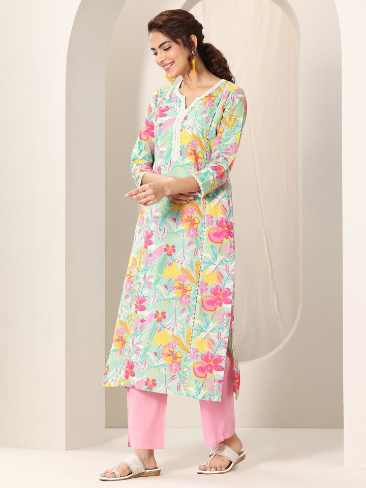 Turquoise Blue Printed Cotton Straight Suit Set With Dupatta