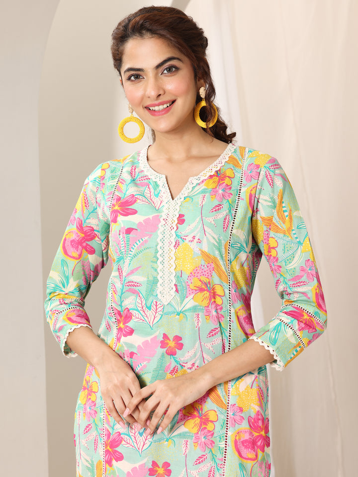 Turquoise Blue Printed Cotton Straight Suit Set With Dupatta