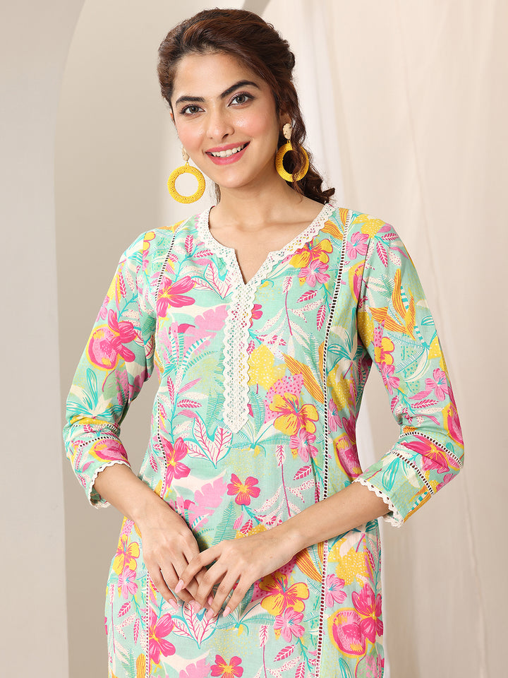 Turquoise Blue Printed Cotton Straight Suit Set With Dupatta