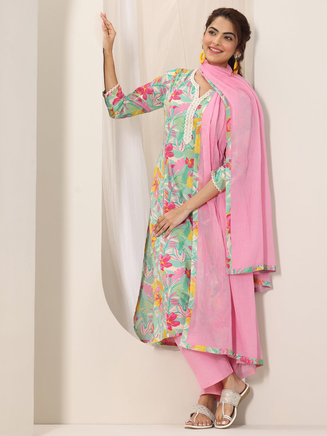 Turquoise Blue Printed Cotton Straight Suit Set With Dupatta