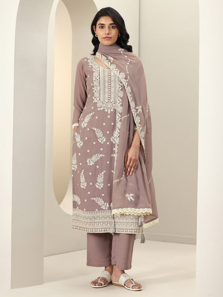 Mauve Embroidered Georgette Straight Suit Sets With Dupatta