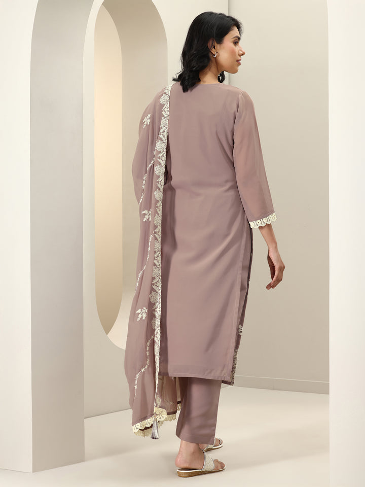 Mauve Embroidered Georgette Straight Suit Sets With Dupatta