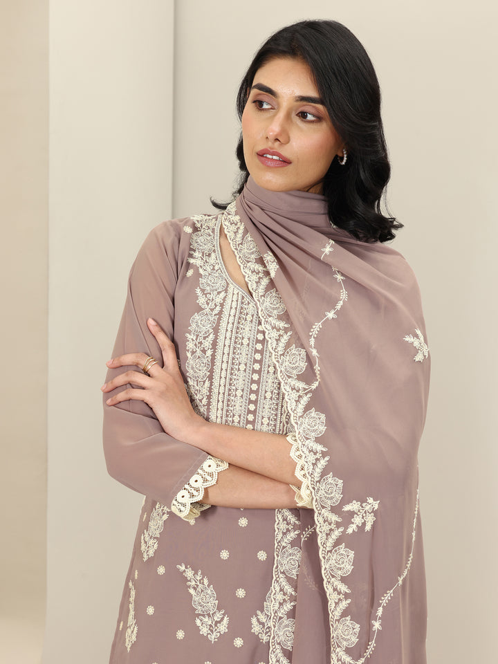 Mauve Embroidered Georgette Straight Suit Sets With Dupatta