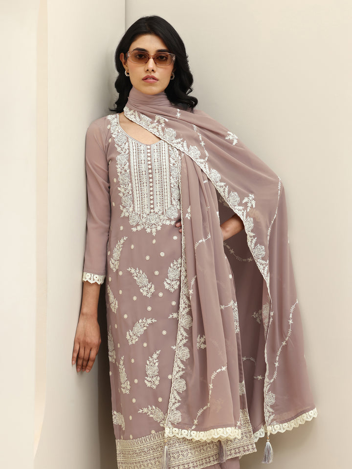Mauve Embroidered Georgette Straight Suit Sets With Dupatta