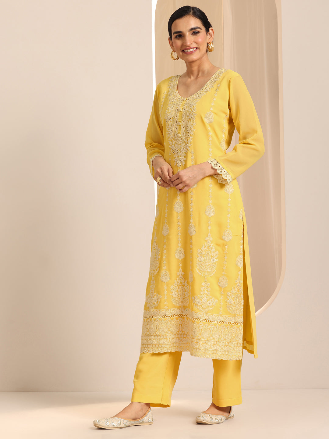Yellow Embroidered Georgette Straight Suit Set With Dupatta