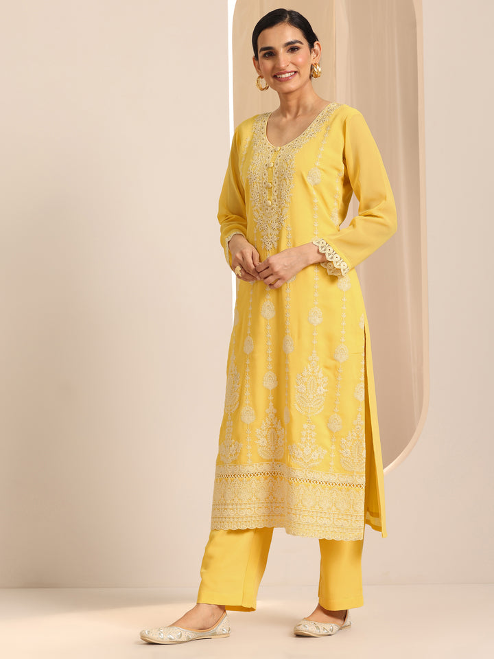 Yellow Embroidered Georgette Straight Suit Set With Dupatta