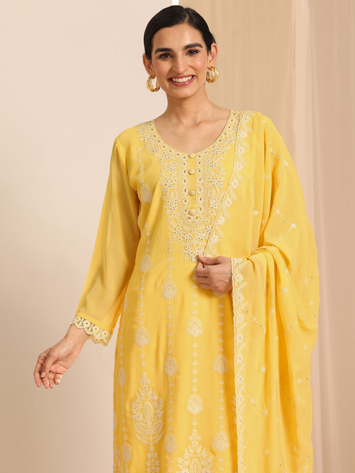 Yellow Embroidered Georgette Straight Suit Set With Dupatta