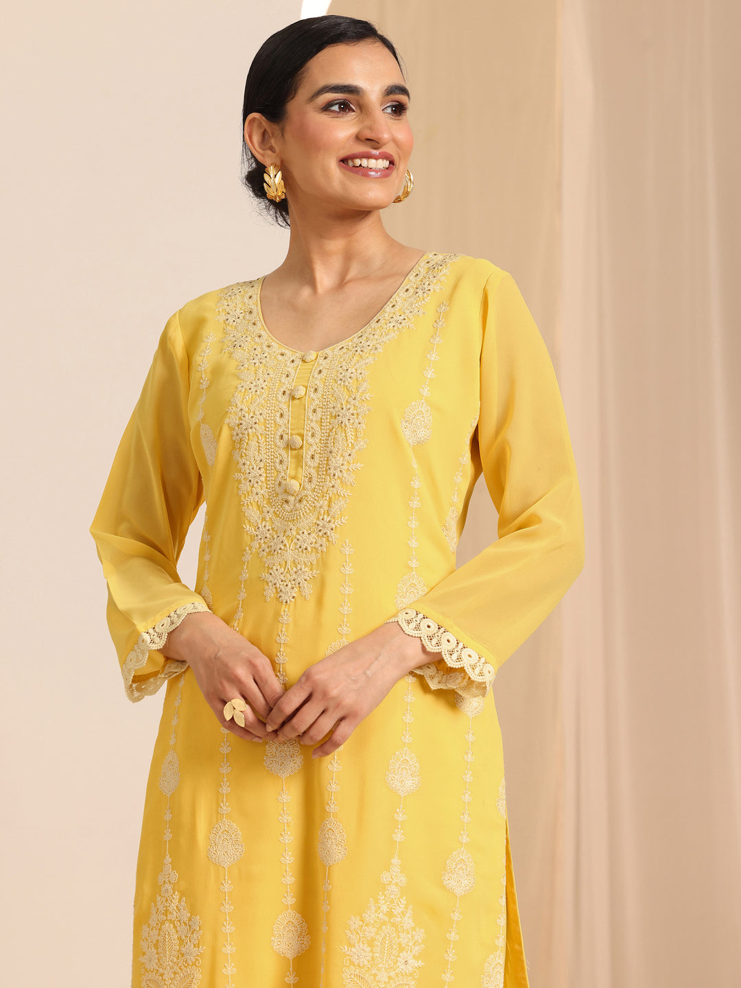 Yellow Embroidered Georgette Straight Suit Set With Dupatta