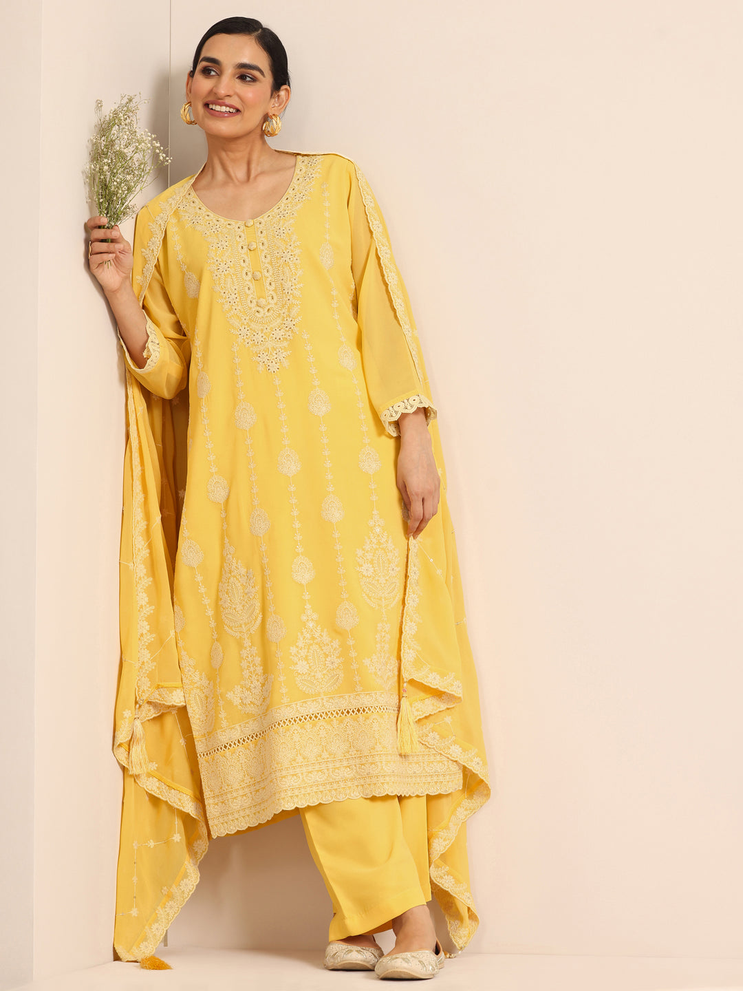 Yellow Embroidered Georgette Straight Suit Set With Dupatta