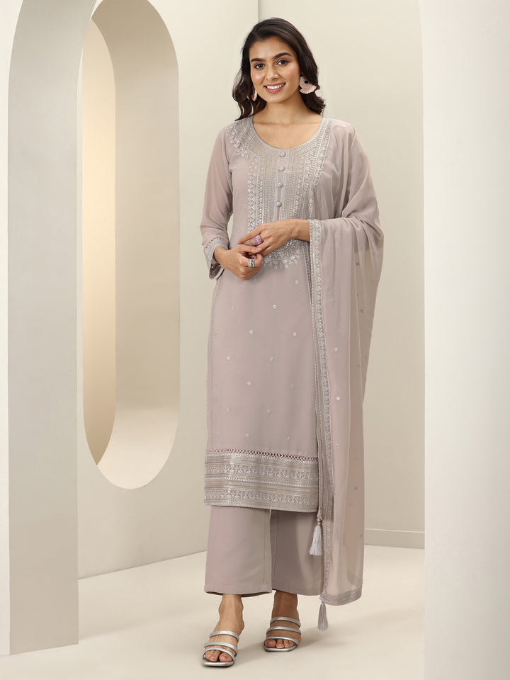 Grey Embroidered Georgette Straight Suit Sets With Dupatta