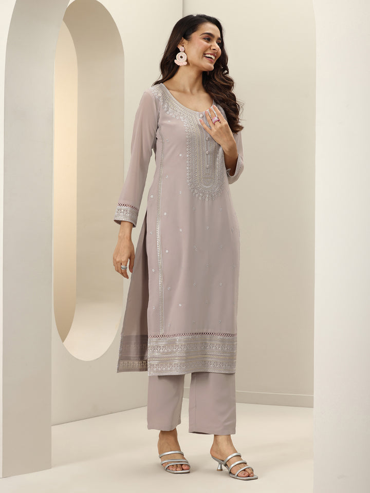 Grey Embroidered Georgette Straight Suit Sets With Dupatta