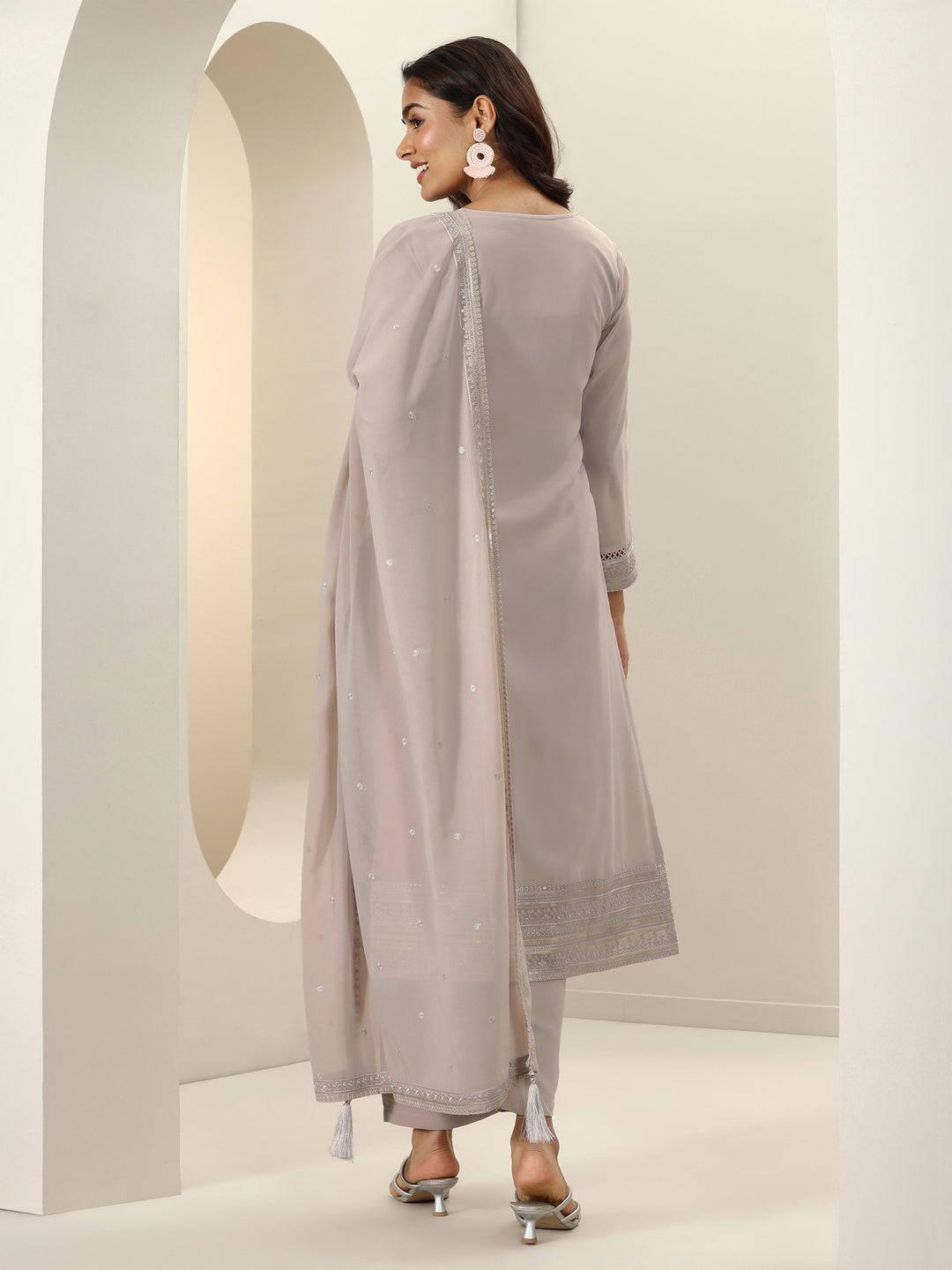 Grey Embroidered Georgette Straight Suit Sets With Dupatta