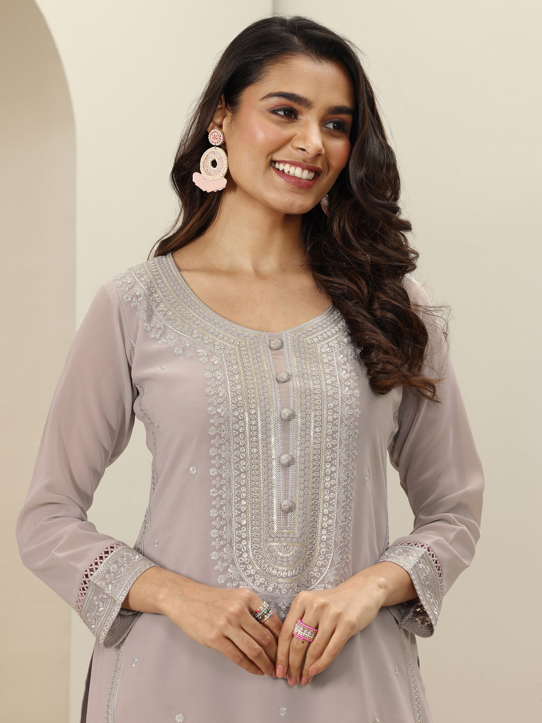 Grey Embroidered Georgette Straight Suit Sets With Dupatta