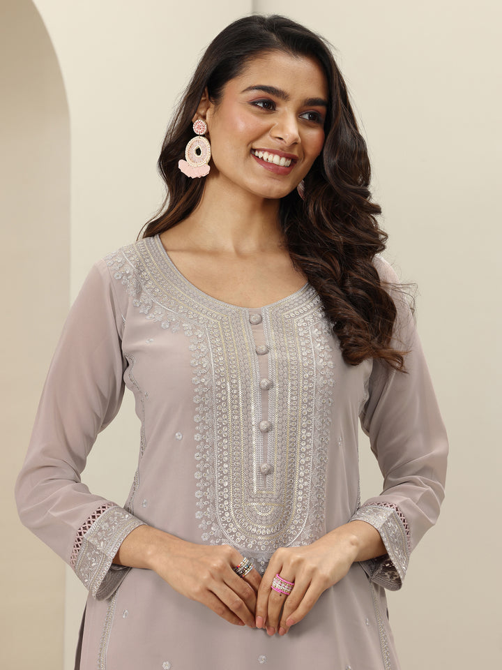 Grey Embroidered Georgette Straight Suit Sets With Dupatta