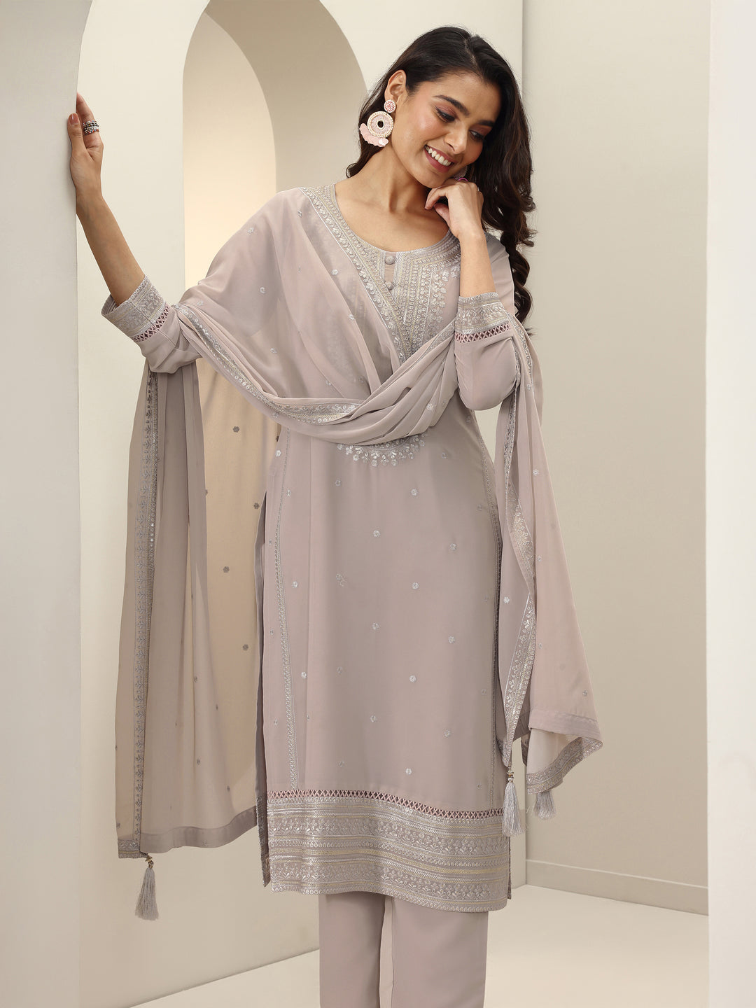 Grey Embroidered Georgette Straight Suit Sets With Dupatta
