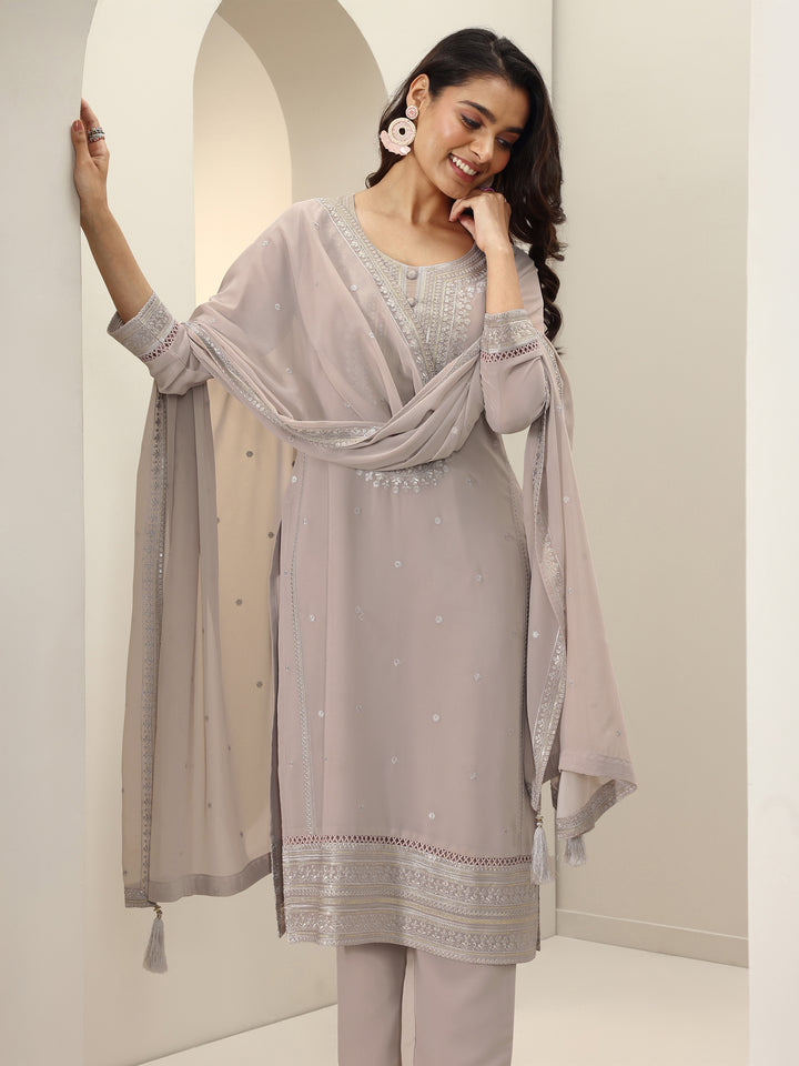 Grey Embroidered Georgette Straight Suit Sets With Dupatta