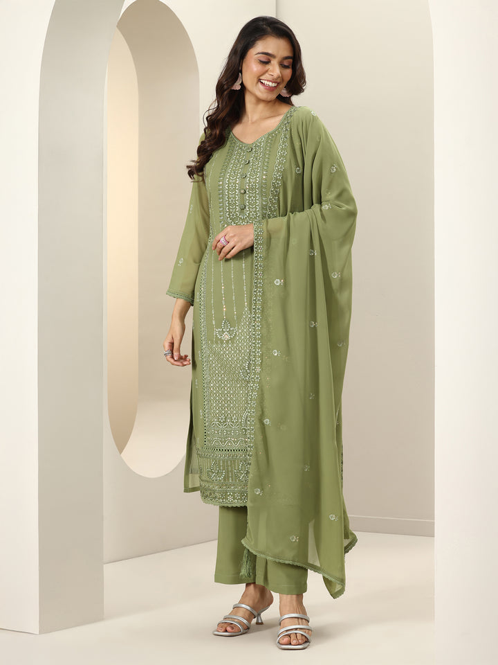 Green Embroidered Georgette Straight Suit Sets With Dupatta